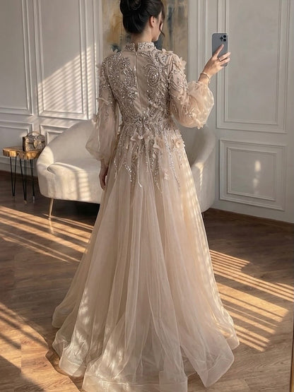 Luxury Nude Crystal Beaded Long Sleeve A-Line Evening Dress LA73406