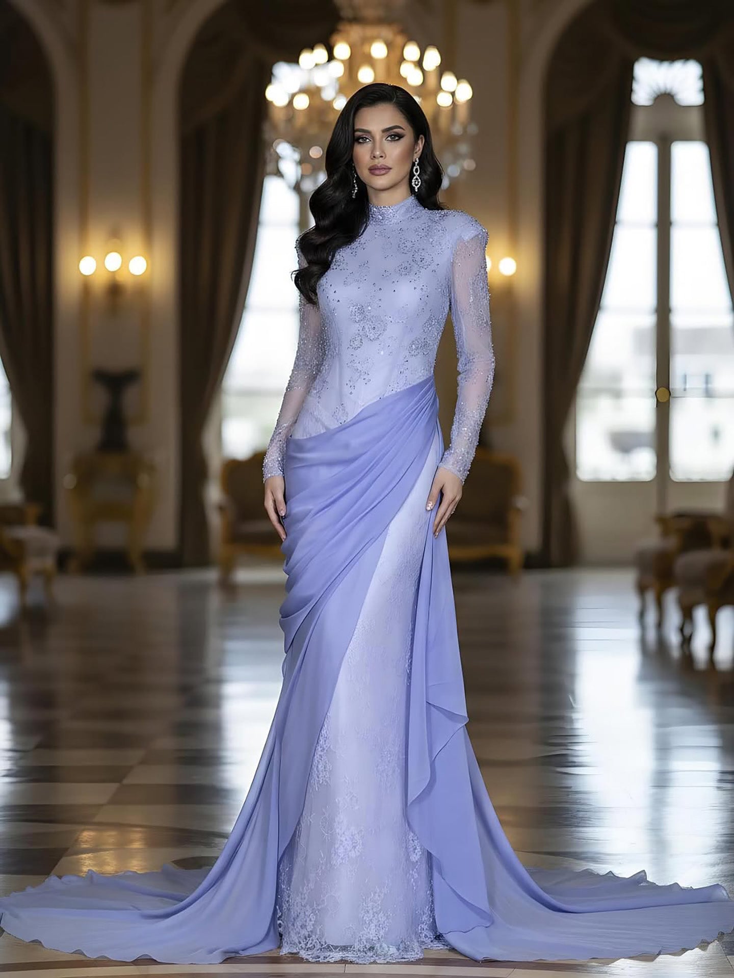 Luxury Lilac High Neck Beaded Mermaid Evening Dress LA73407