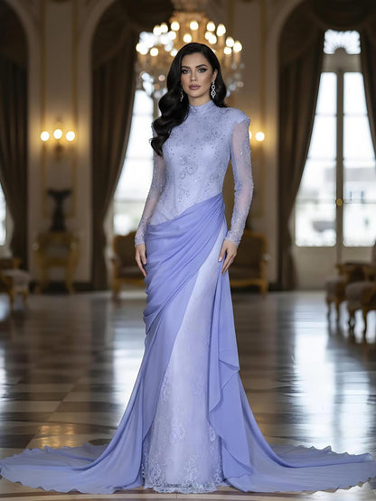 Luxury Lilac High Neck Beaded Mermaid Evening Dress LA73407