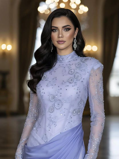 Luxury Lilac High Neck Beaded Mermaid Evening Dress LA73407