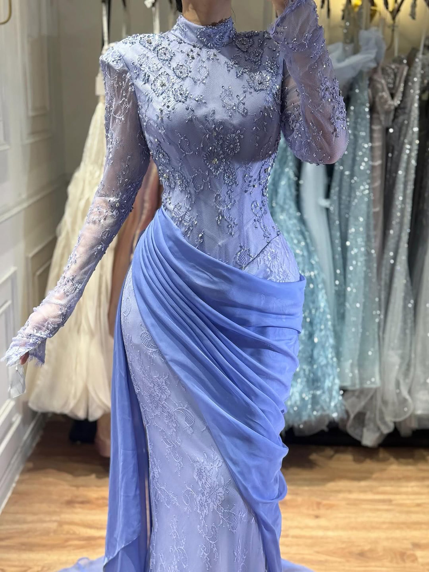 Luxury Lilac High Neck Beaded Mermaid Evening Dress LA73407