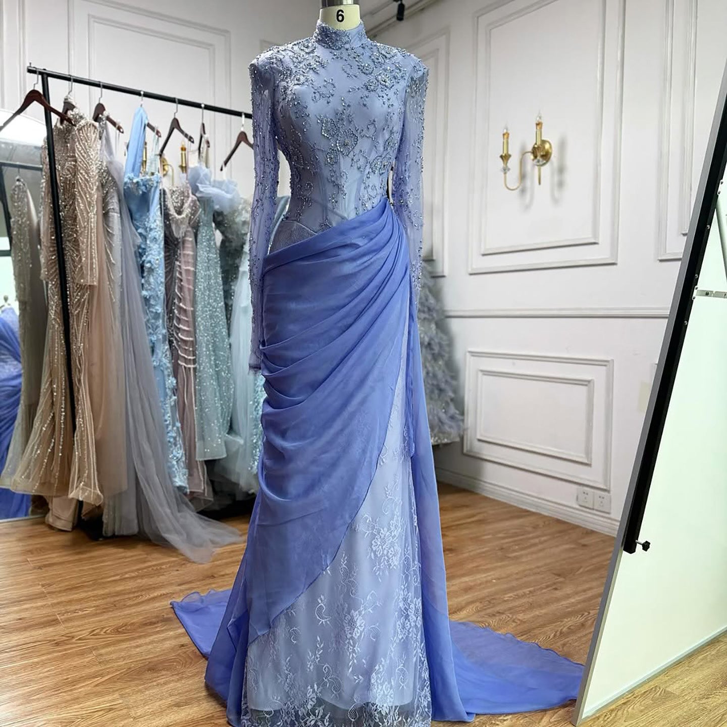 Luxury Lilac High Neck Beaded Mermaid Evening Dress LA73407