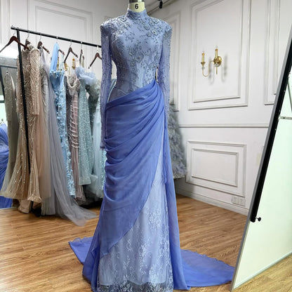 Luxury Lilac High Neck Beaded Mermaid Evening Dress LA73407