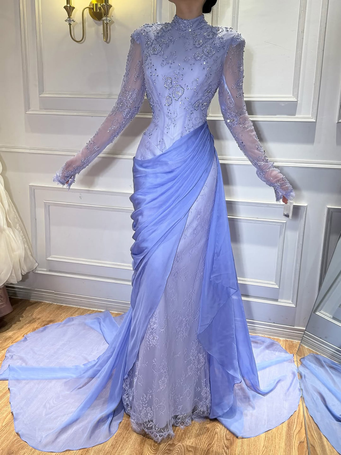 Luxury Lilac High Neck Beaded Mermaid Evening Dress LA73407