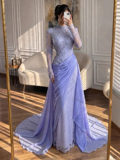Luxury Lilac High Neck Beaded Mermaid Evening Dress LA73407