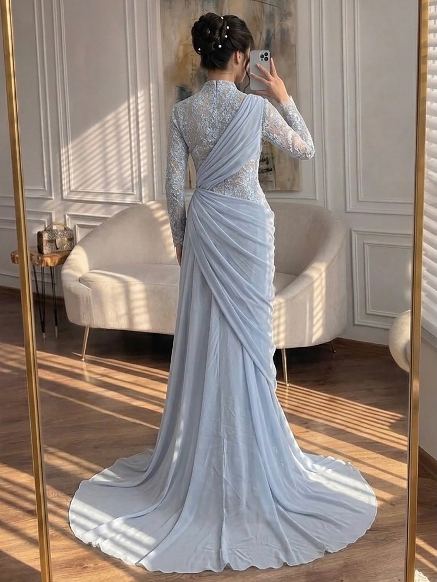 Luxury White High Neck Beaded Mermaid Evening Dress LA73407A