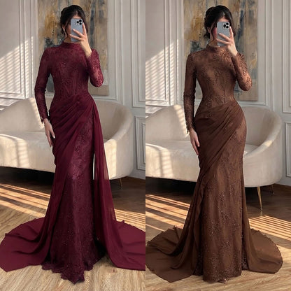 Luxury Wine Red High Neck Beaded Lace Mermaid Evening Dress LA73407B