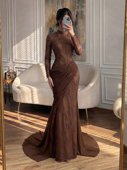 Luxury Wine Red High Neck Beaded Lace Mermaid Evening Dress LA73407B