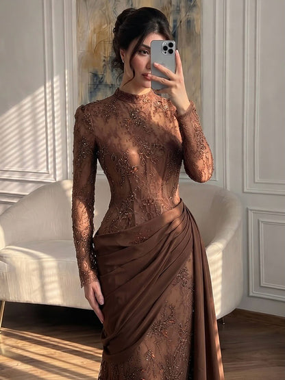 Luxury Wine Red High Neck Beaded Lace Mermaid Evening Dress LA73407B