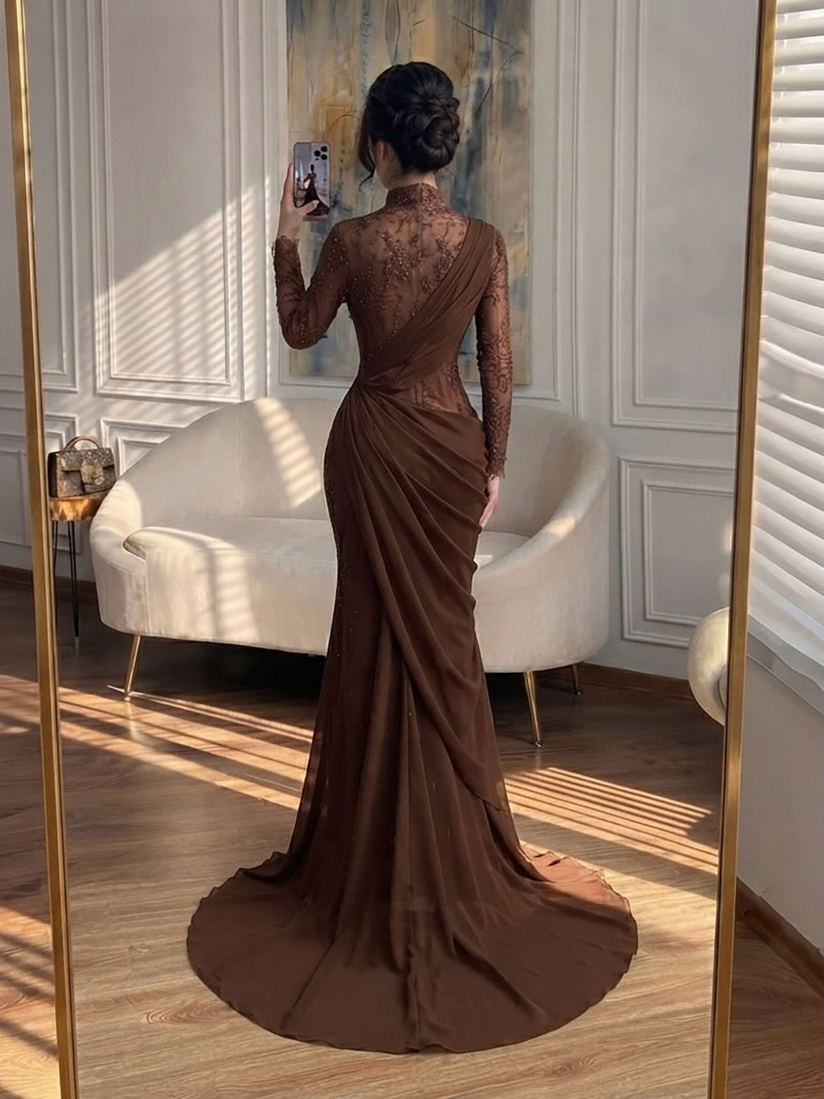 Luxury Wine Red High Neck Beaded Lace Mermaid Evening Dress LA73407B