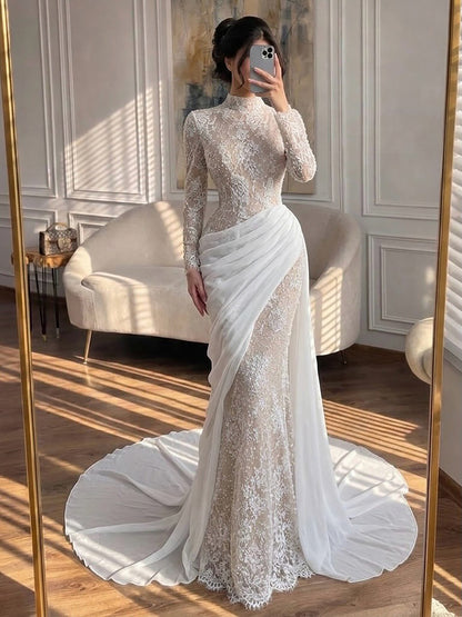 Luxury White High Neck Beaded Mermaid Evening Dress LA73407A