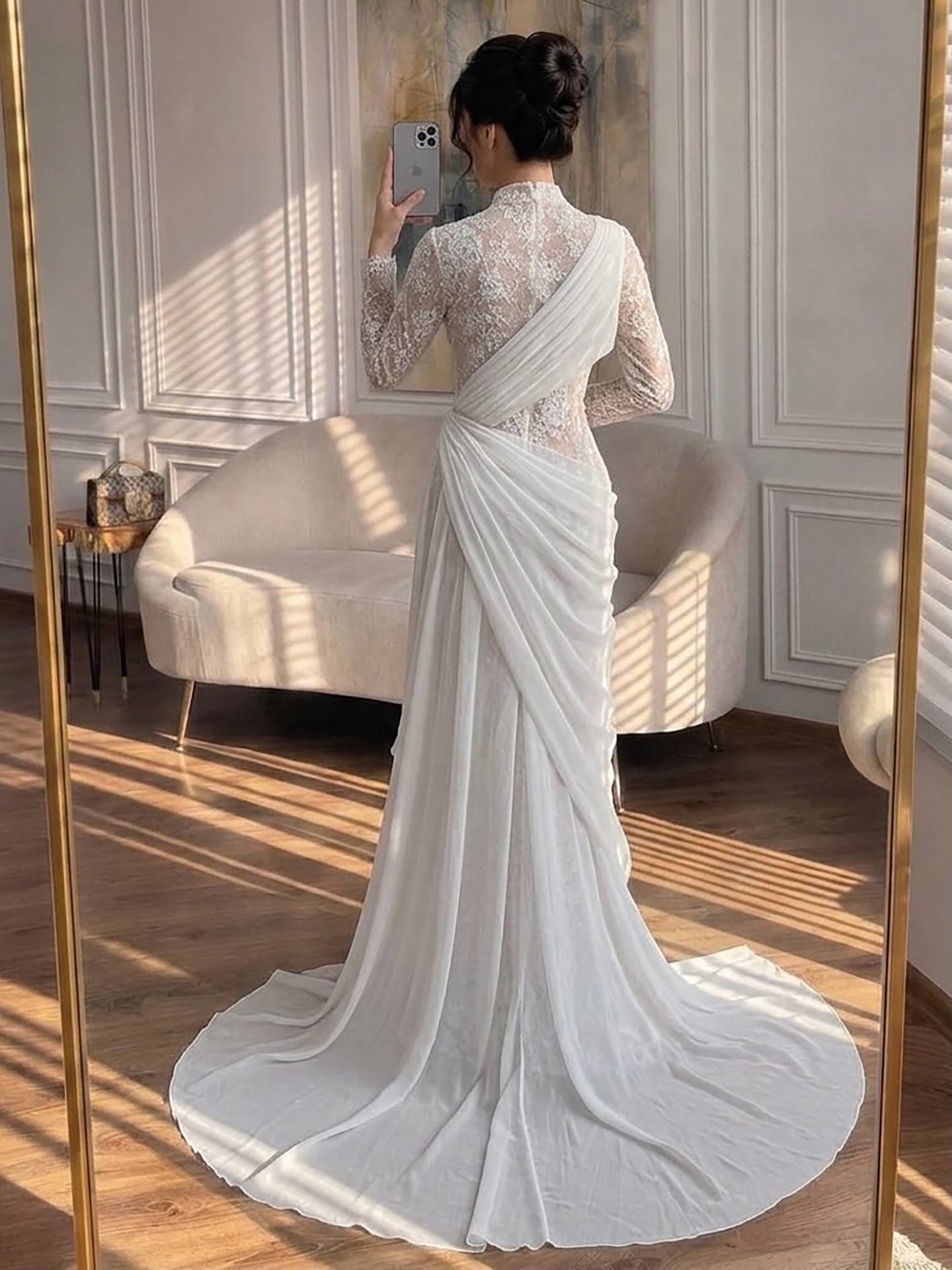 Luxury White High Neck Beaded Mermaid Evening Dress LA73407A