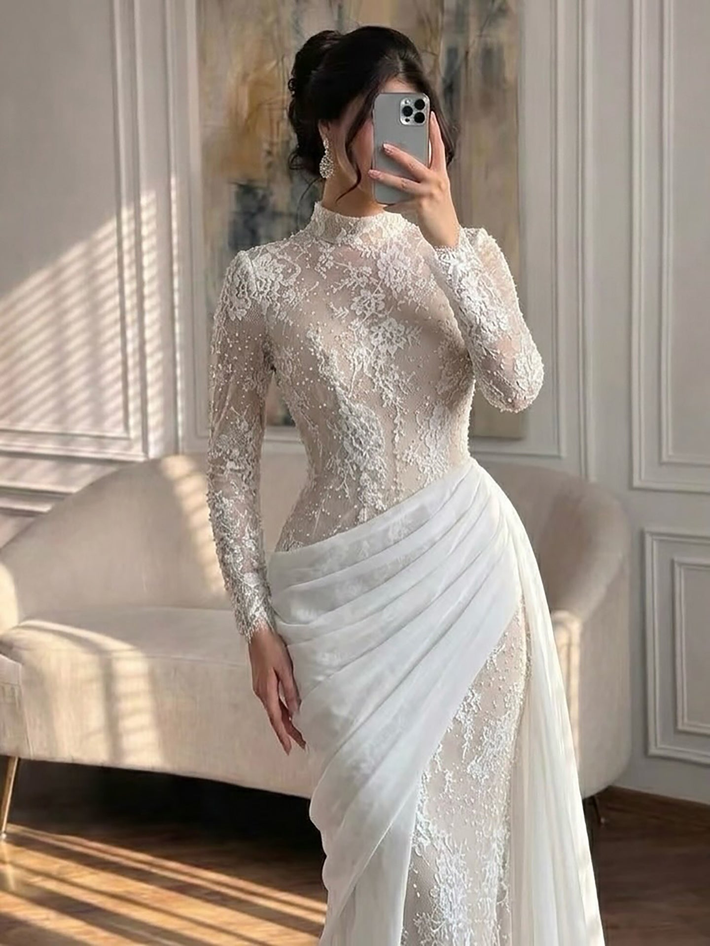 Luxury White High Neck Beaded Mermaid Evening Dress LA73407A