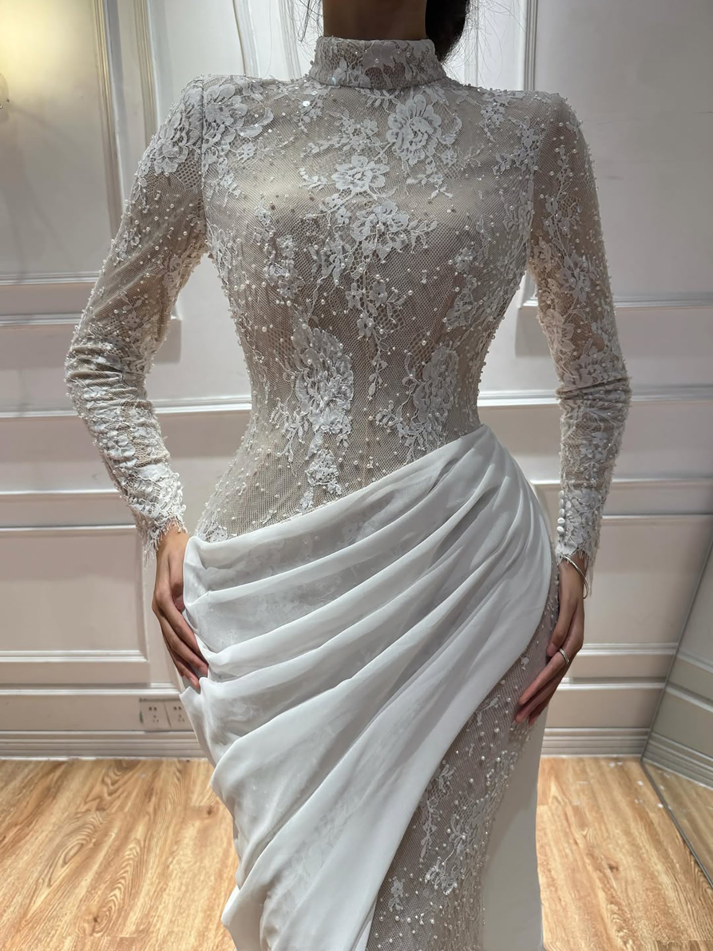 Luxury White High Neck Beaded Mermaid Evening Dress LA73407A