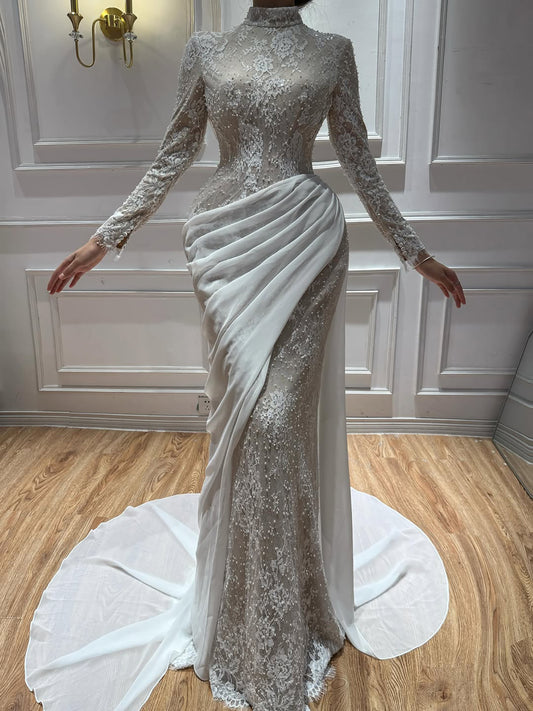 Luxury White High Neck Beaded Mermaid Evening Dress LA73407A
