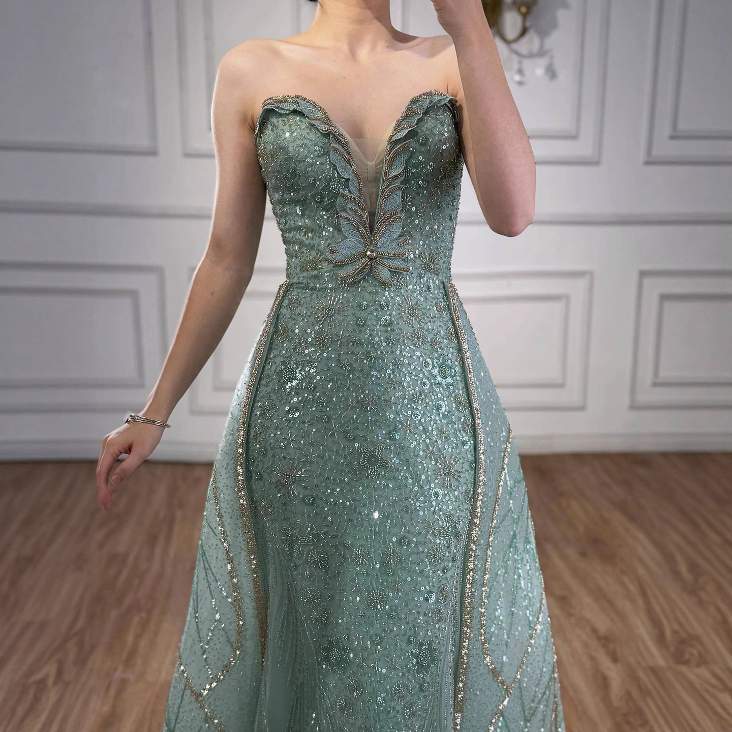 Luxury Turquoise Strapless Beaded Mermaid Evening Dress With Skirt LA73409