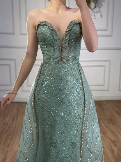 Luxury Turquoise Strapless Beaded Mermaid Evening Dress With Skirt LA73409