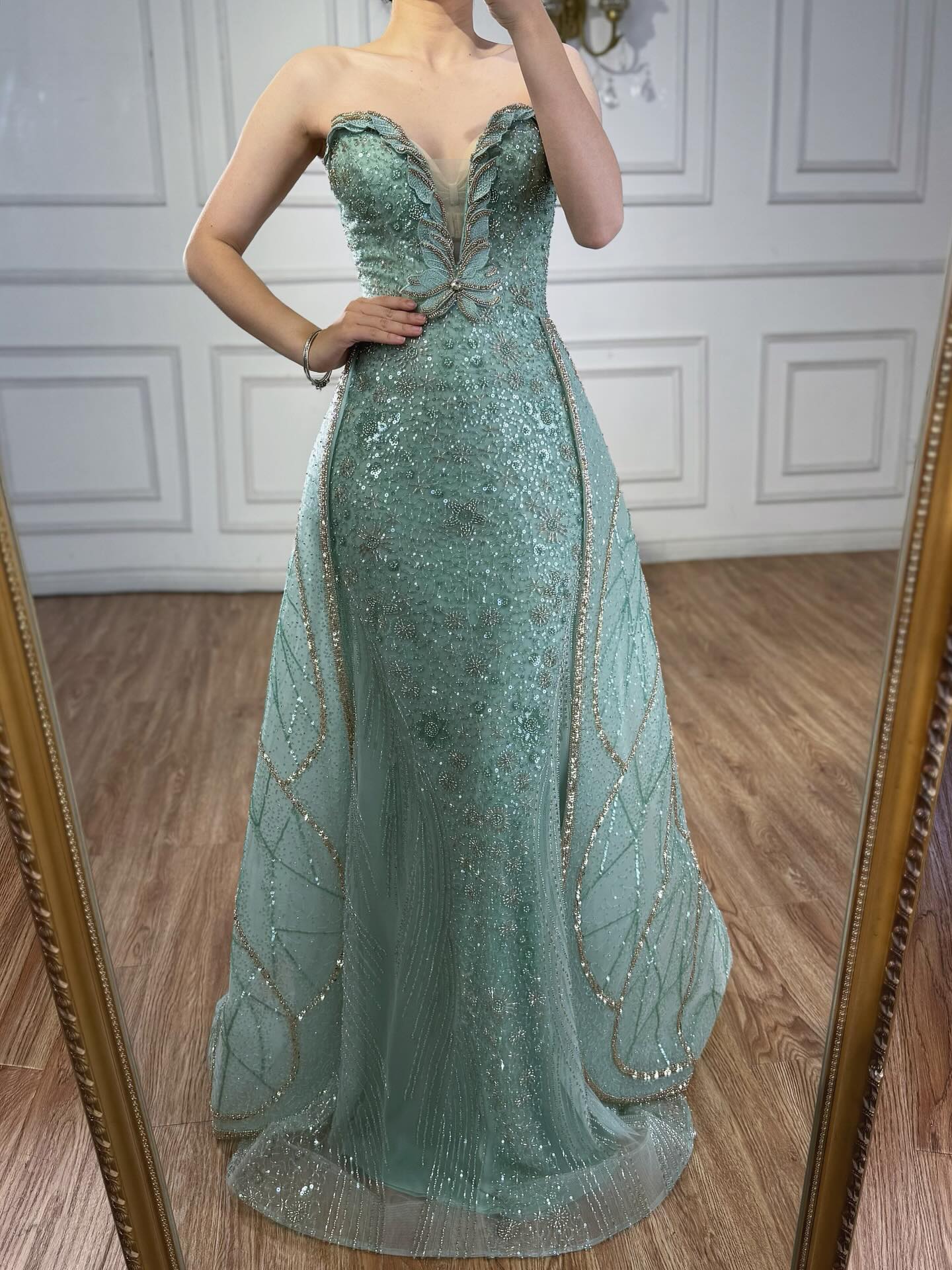 Luxury Turquoise Strapless Beaded Mermaid Evening Dress With Skirt LA73409