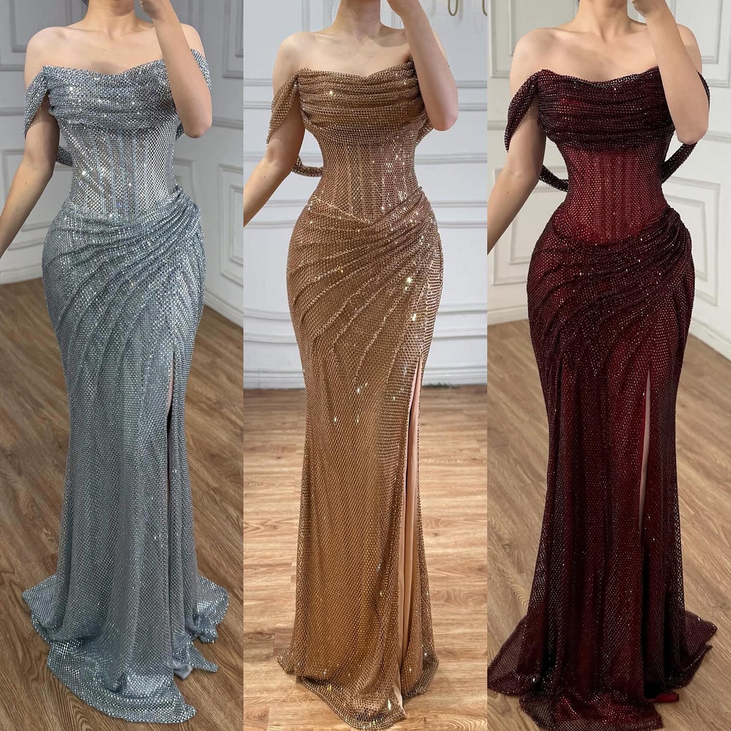 Luxury Silver Diamond Corset Off Shoulder Mermaid Evening Dress LA73410