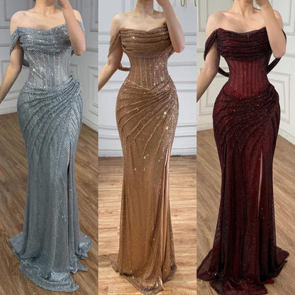 Luxury Silver Diamond Corset Off Shoulder Mermaid Evening Dress LA73410