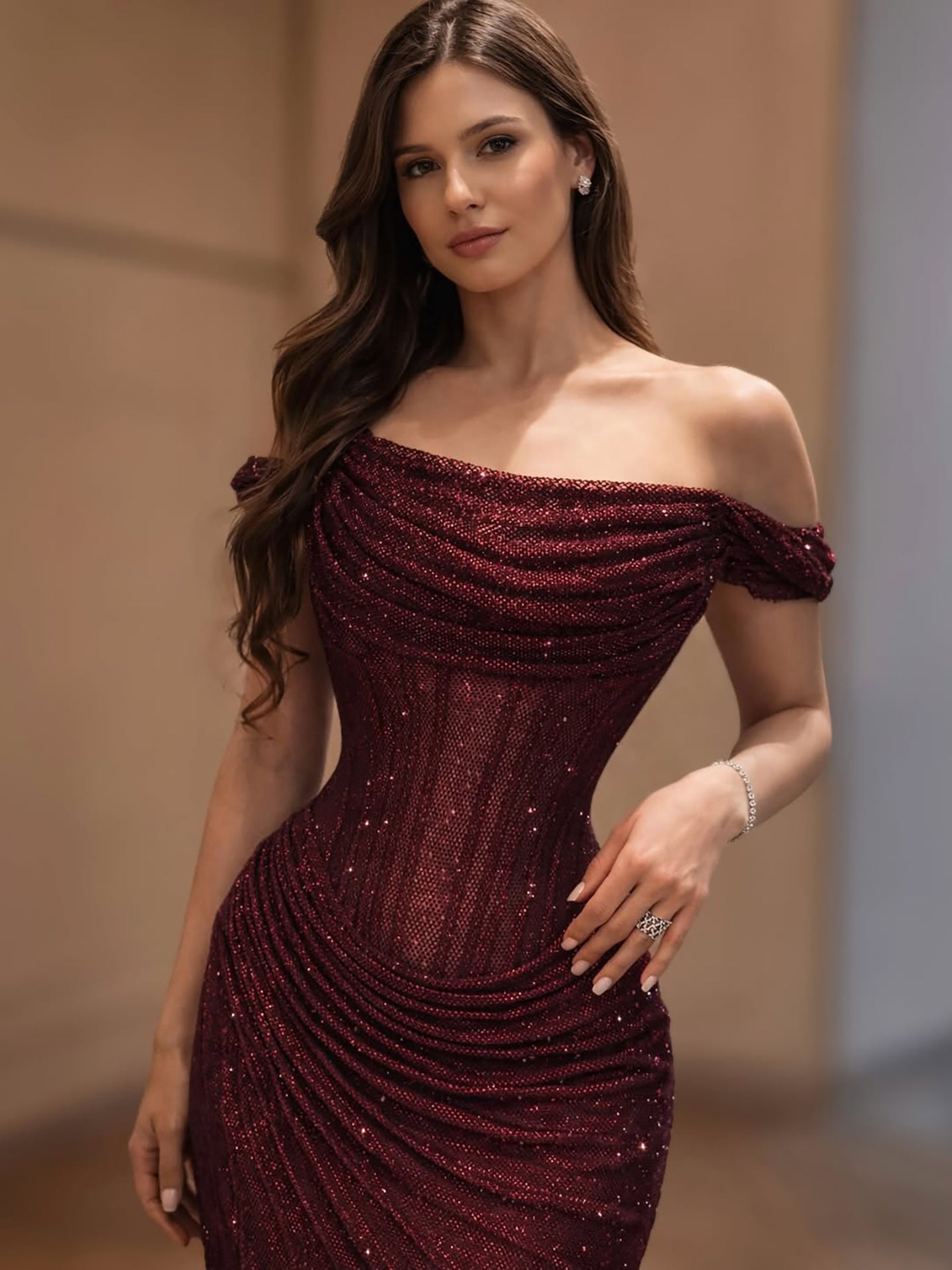 Luxury Silver Diamond Corset Off Shoulder Mermaid Evening Dress LA73410