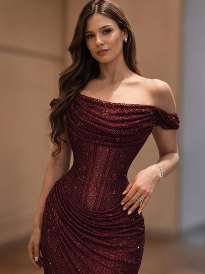 Luxury Silver Diamond Corset Off Shoulder Mermaid Evening Dress LA73410