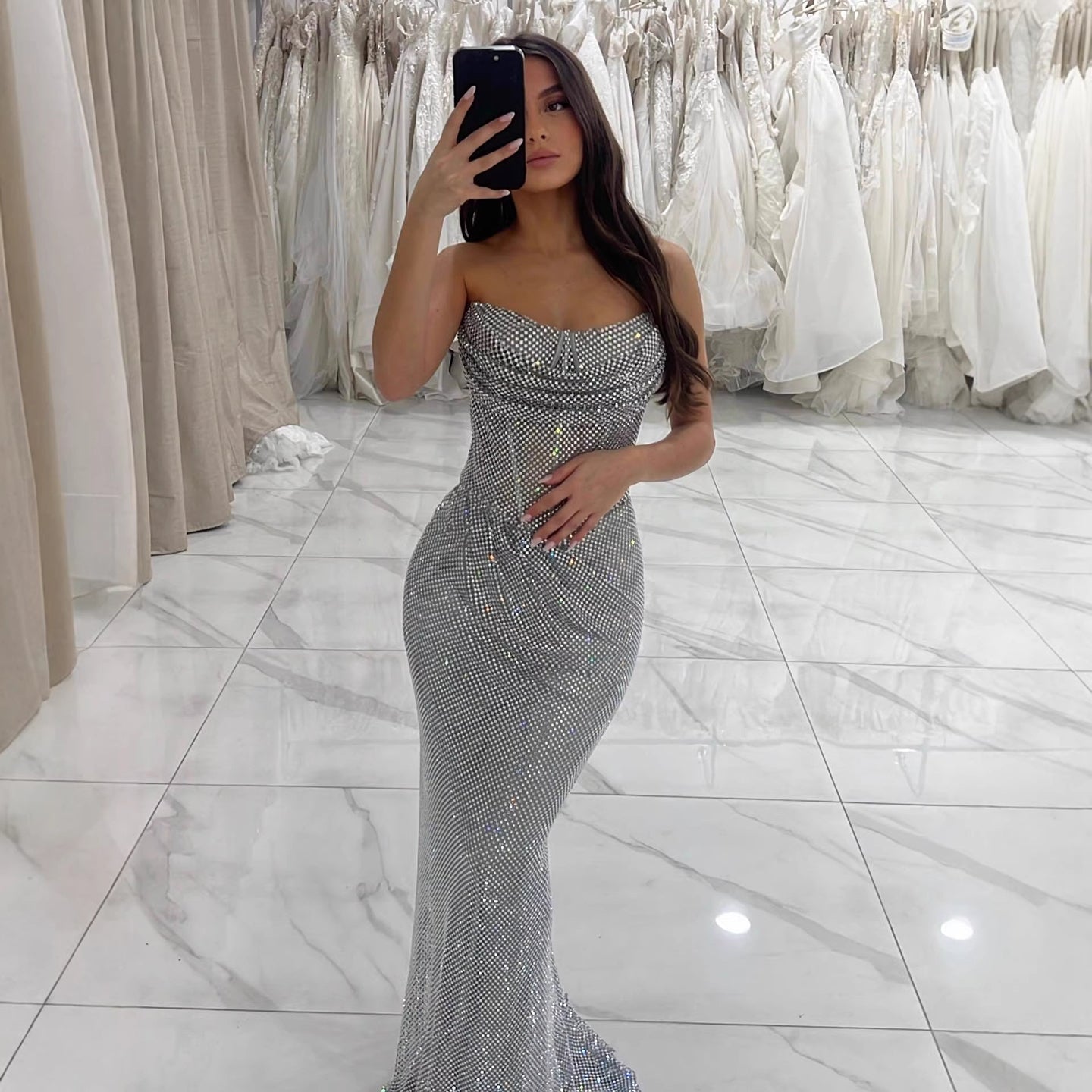 Luxury Silver Beaded Strapless Mermaid Evening Dress LA73410A