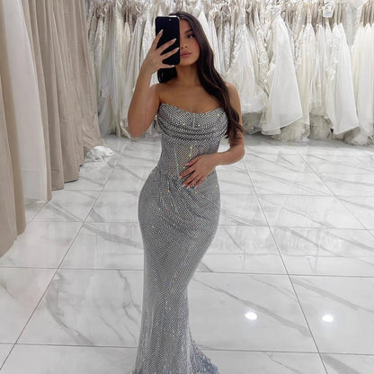 Luxury Silver Beaded Strapless Mermaid Evening Dress LA73410A