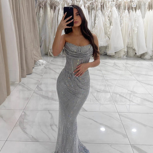 Luxury Silver Beaded Strapless Mermaid Evening Dress LA73410A