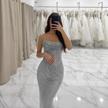Luxury Silver Beaded Strapless Mermaid Evening Dress LA73410A