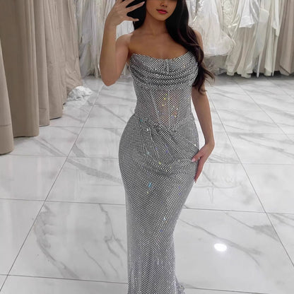 Luxury Silver Beaded Strapless Mermaid Evening Dress LA73410A