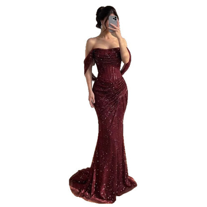 Luxury Wine Red Strapless Beaded Mermaid Evening Dress LA73410A