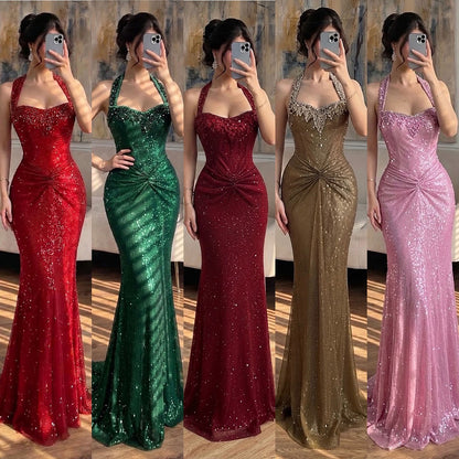 Luxury Gold Halter Crystal Beaded Mermaid Evening Dress LA73410B