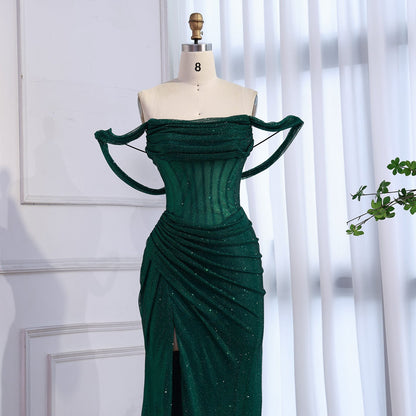 Luxury Green Off Shoulder Corset Mermaid Evening Dress LA73410C