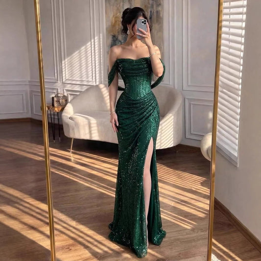 Luxury Green Off Shoulder Corset Mermaid Evening Dress LA73410C