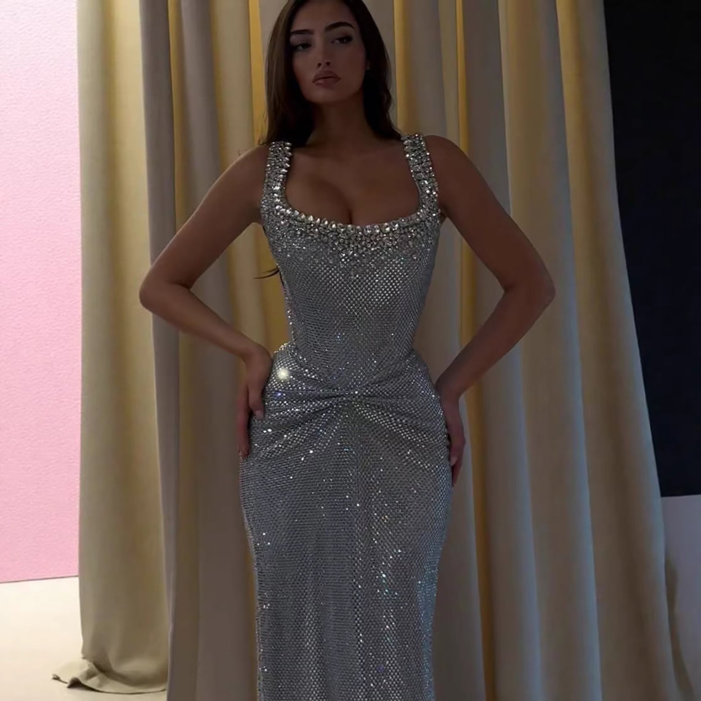 Luxury Silver Crystal Beaded Mermaid Evening Dress LA73410D