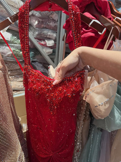 Luxury Red Halter Crystal Mermaid Evening Dress Detachable Cape LA73410F