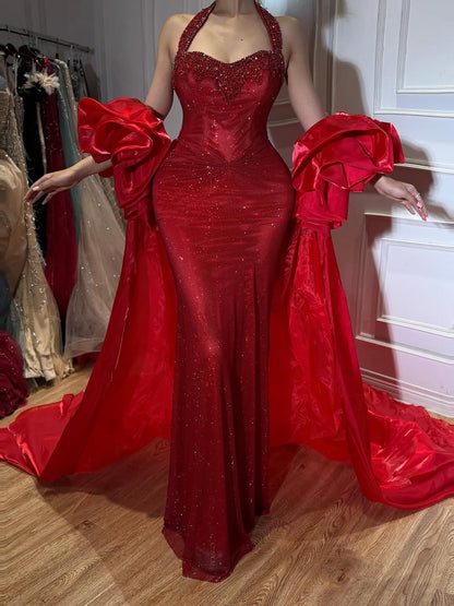 Luxury Red Halter Crystal Mermaid Evening Dress Detachable Cape LA73410F