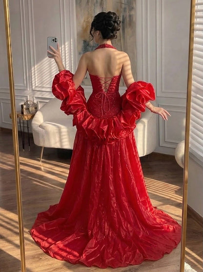Luxury Red Halter Crystal Mermaid Evening Dress Detachable Cape LA73410F