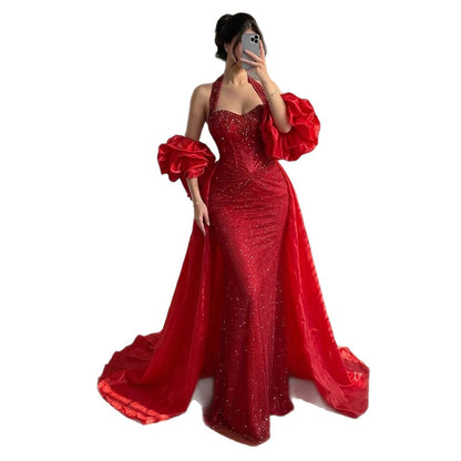Luxury Red Halter Crystal Mermaid Evening Dress Detachable Cape LA73410F
