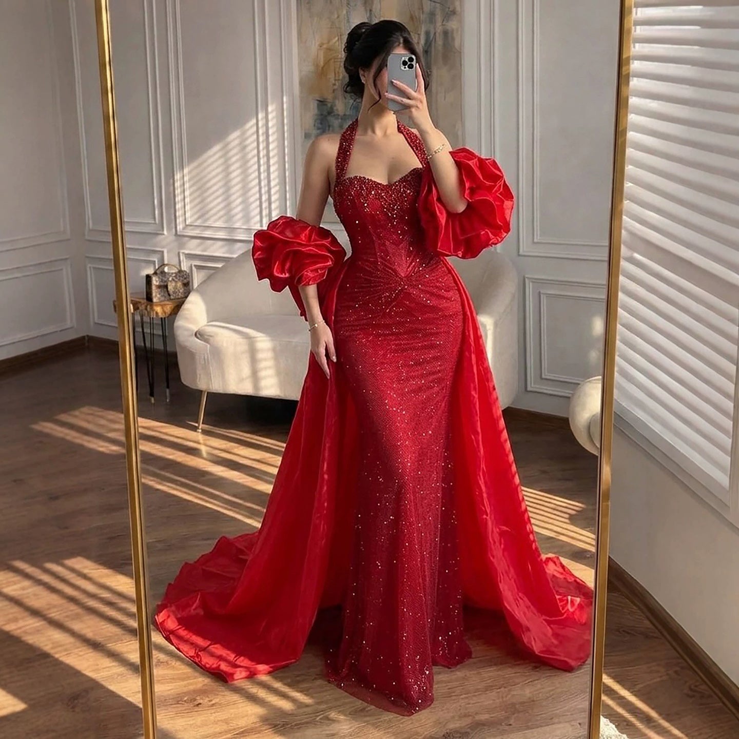 Luxury Red Halter Crystal Mermaid Evening Dress Detachable Cape LA73410F