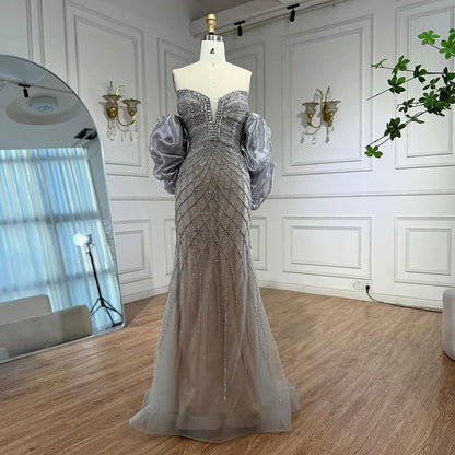 Serene Hill Beaded Gray Diamond Evening Dress With Cape LA73411