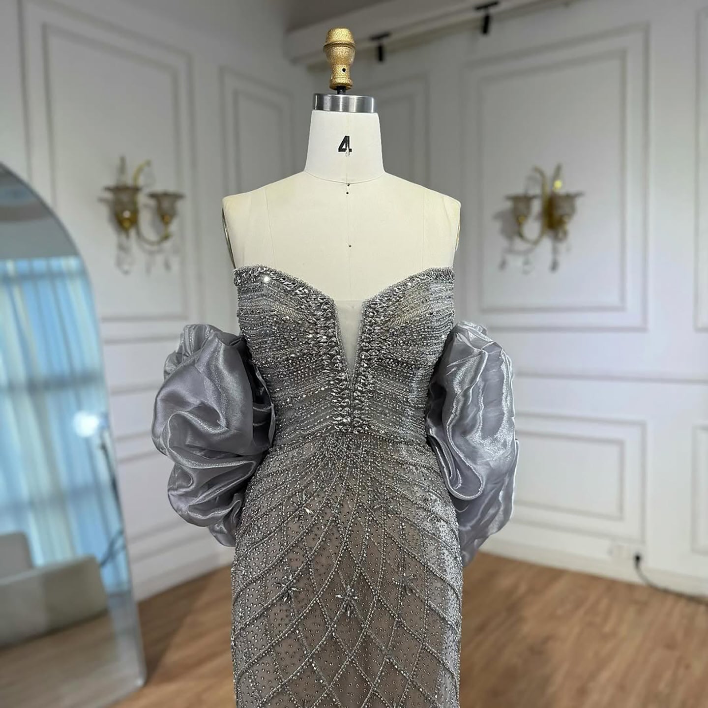 Serene Hill Beaded Gray Diamond Evening Dress With Cape LA73411