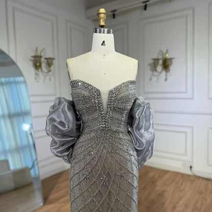 Serene Hill Beaded Gray Diamond Evening Dress With Cape LA73411