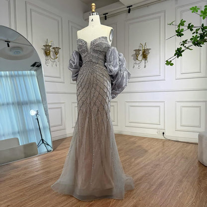 Serene Hill Beaded Gray Diamond Evening Dress With Cape LA73411