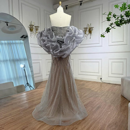 Serene Hill Beaded Gray Diamond Evening Dress With Cape LA73411