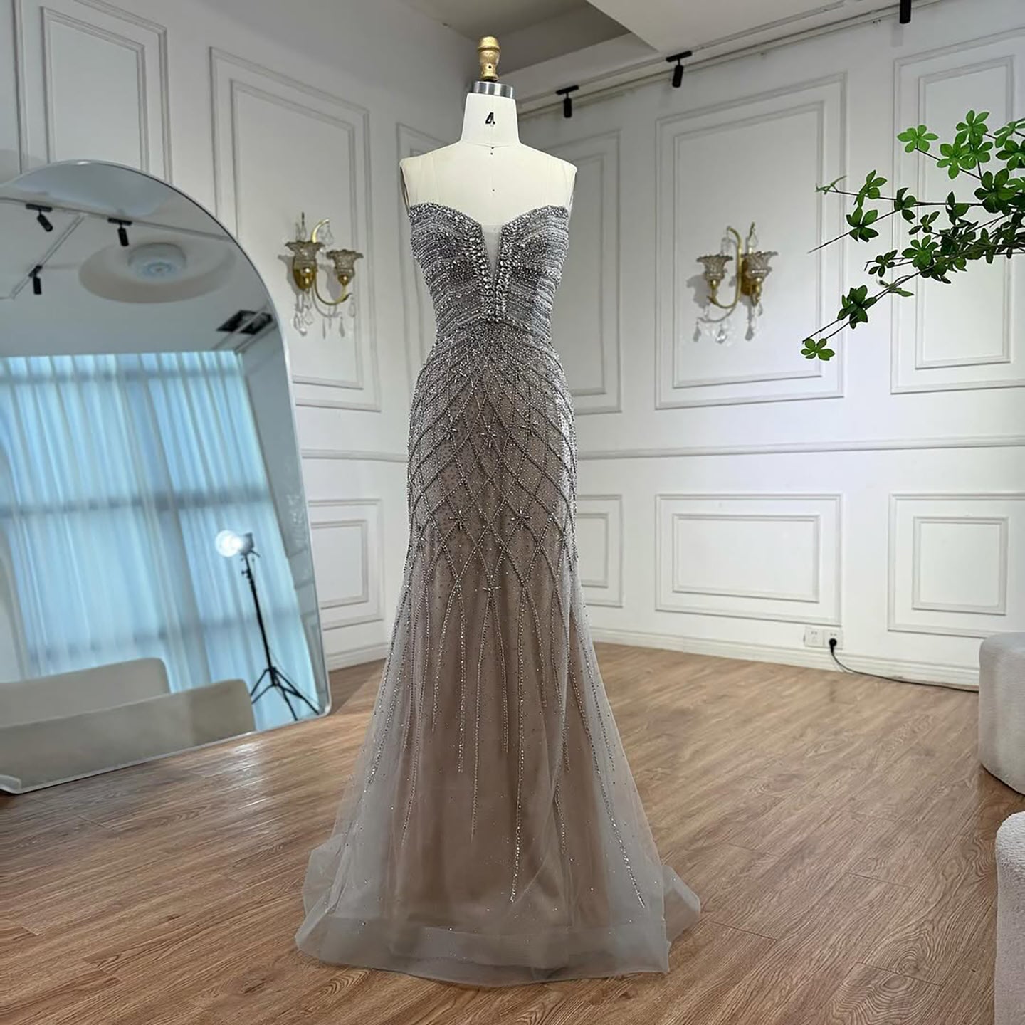 Serene Hill Beaded Gray Diamond Evening Dress With Cape LA73411