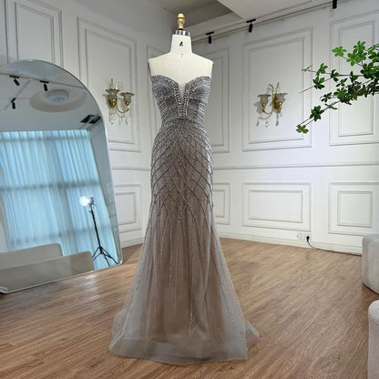 Serene Hill Beaded Gray Diamond Evening Dress With Cape LA73411