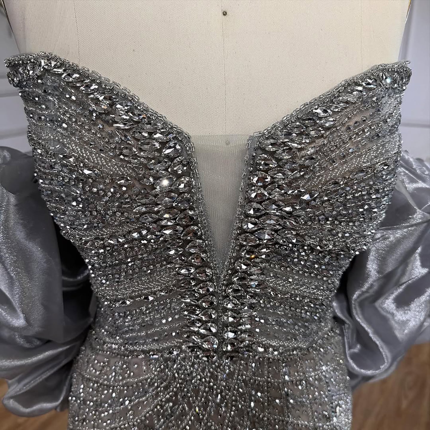 Serene Hill Beaded Gray Diamond Evening Dress With Cape LA73411