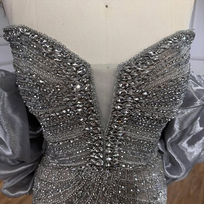 Serene Hill Beaded Gray Diamond Evening Dress With Cape LA73411